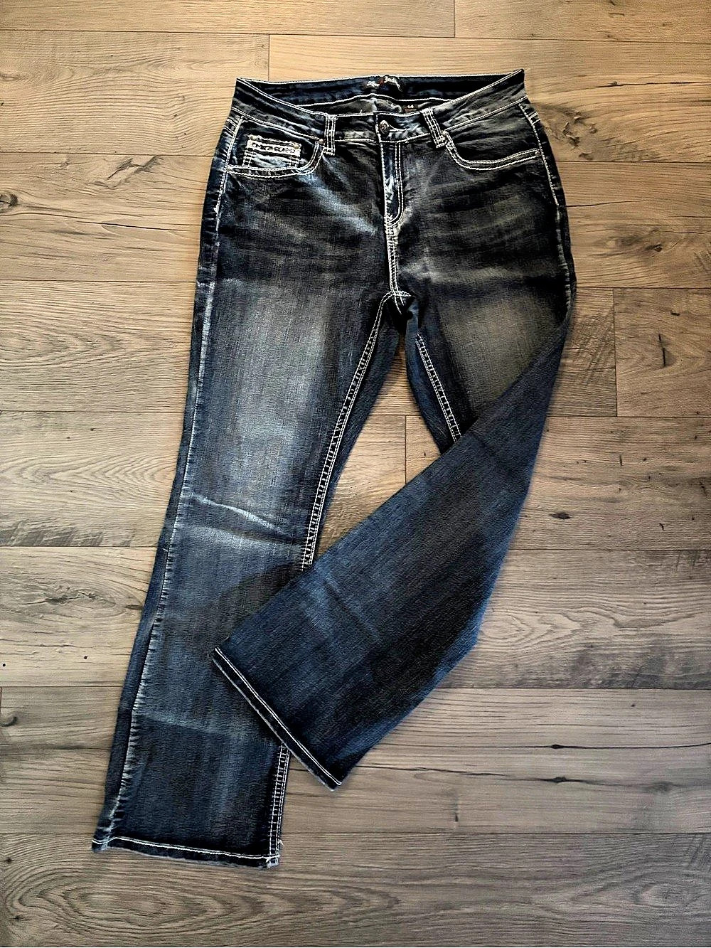 Love Indigo Premium Women's 14 Dark Wash Bootcut Jeans Embroidered Pockets